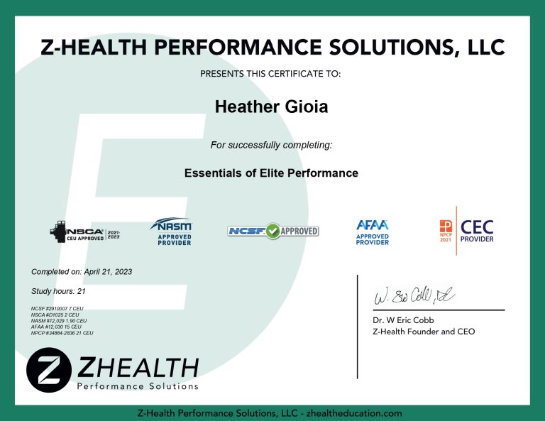 Heather Gioia Essentials of Elite Performance Exam Part 2 EEP Course Certificate Z Health University